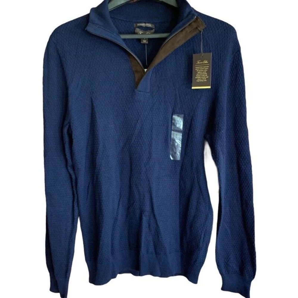 Tasso Elba Mens Pullover Sweater Blue Textured Long Sleeve 1/4 Zip Ribbed S New